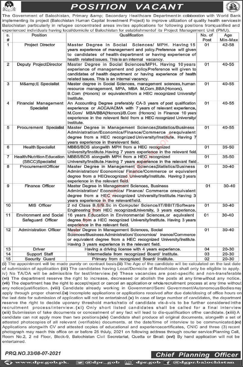 Primary and Secondary Healthcare Department Balochistan Jobs July 2021 Specialists, Officers & Others Latest