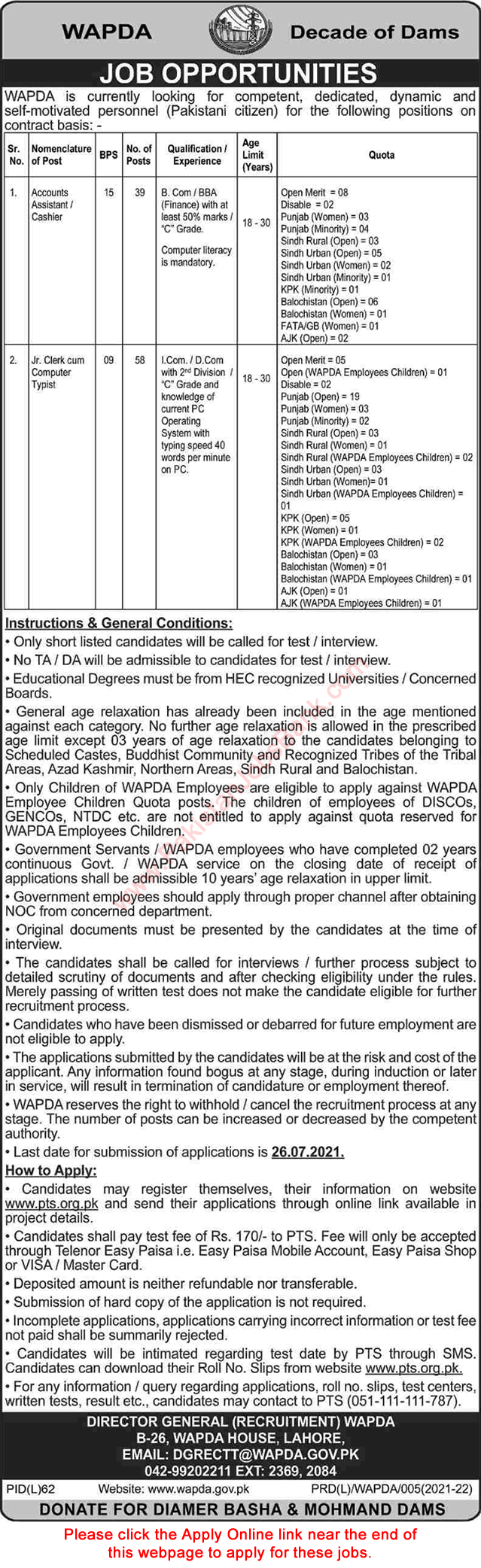 WAPDA Jobs July 2021 PTS Apply Online Clerks, Computer Typists, Cashiers & Others Latest