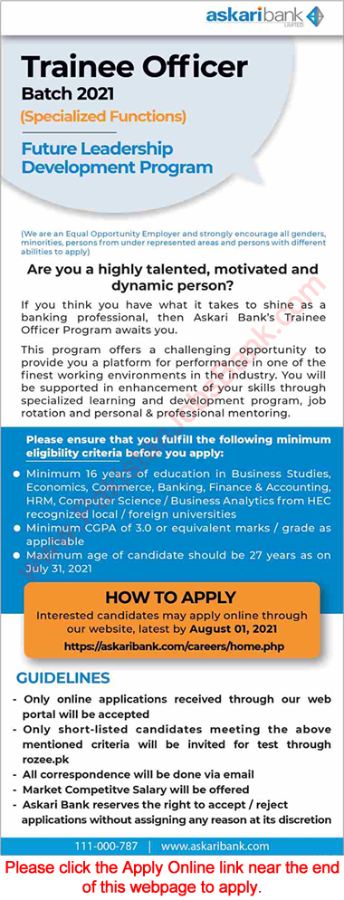 Askari Bank Jobs July 2021 Online Apply Trainee Officers Program AKBL Latest