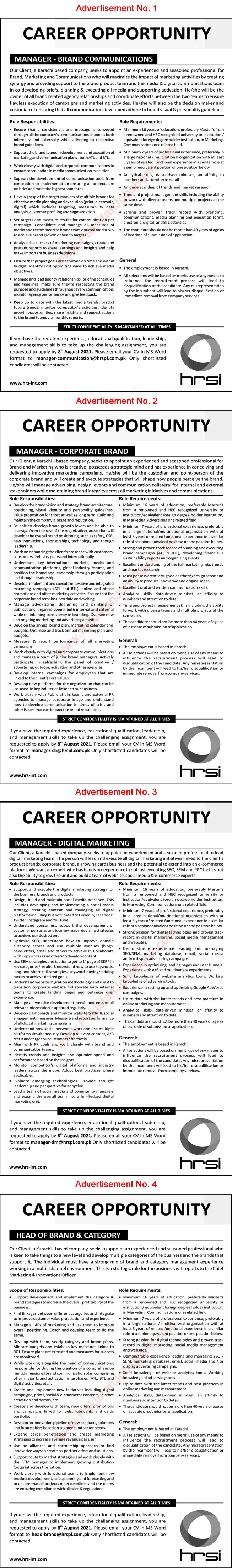 HRSI Pakistan Jobs 2021 July / August Managers & Head of Brand Latest