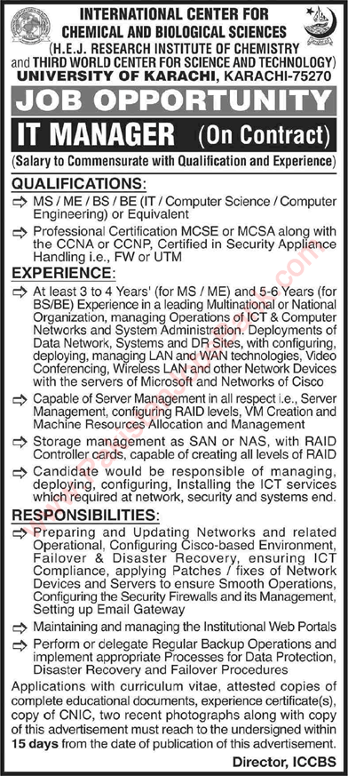 IT Manager Jobs in ICCBS University of Karachi 2021 July / August Latest