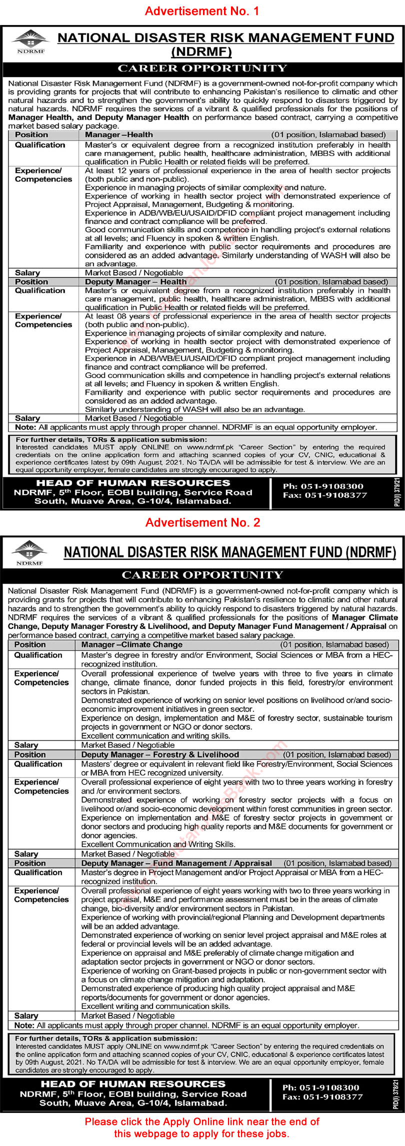 NDRMF Jobs 2021 July / August Apply Online National Disaster Risk Management Fund Latest