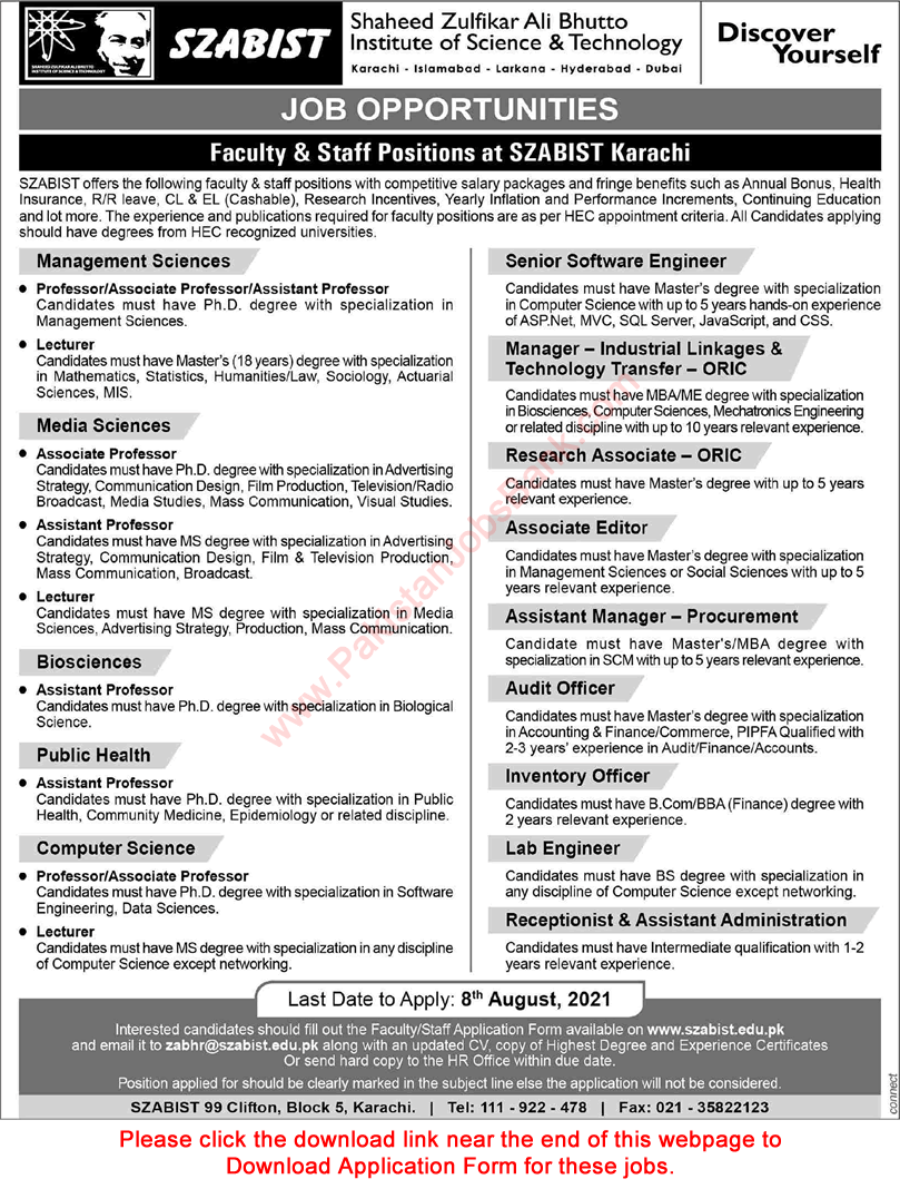 SZABIST Karachi Jobs 2021 July Application Form Teaching Faculty & Others Latest
