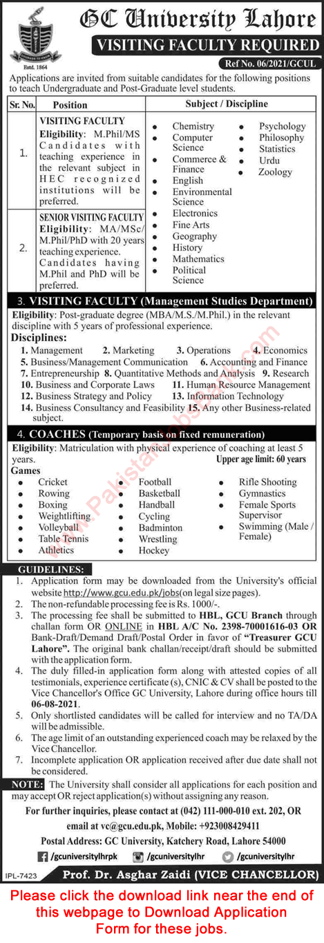 GC University Lahore Jobs July 2021 August Application Form Government College University Latest