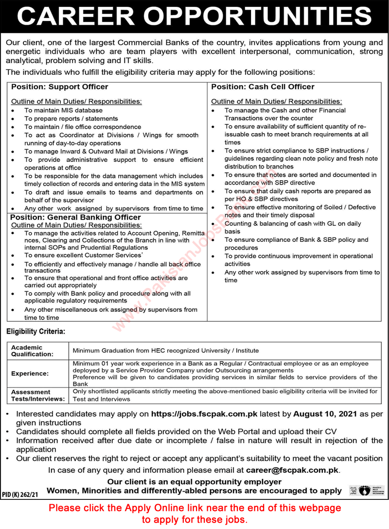 Bank Jobs in Pakistan August 2021 Apply Online General Banking Officer & Others Latest