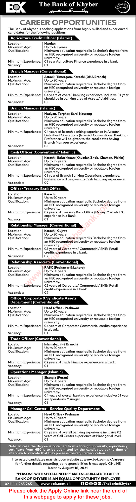 Bank of Khyber Jobs August 2021 BOK Apply Online Cash Officers & Others Latest