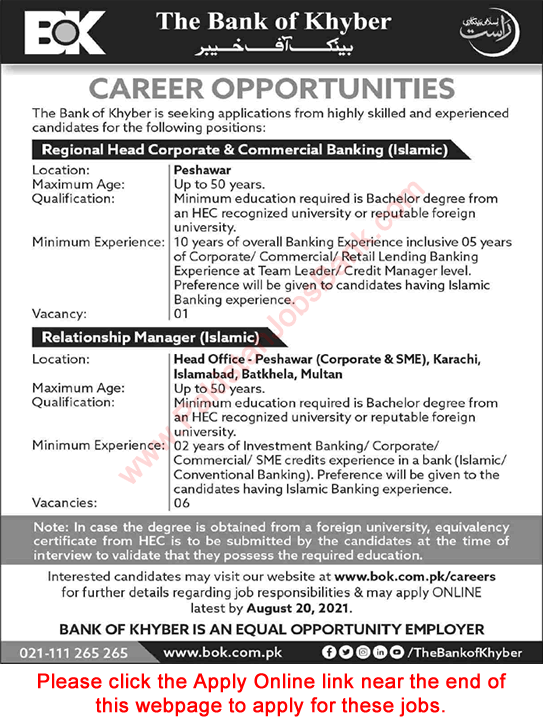 Bank of Khyber Jobs August 2021 BOK Apply Online Latest