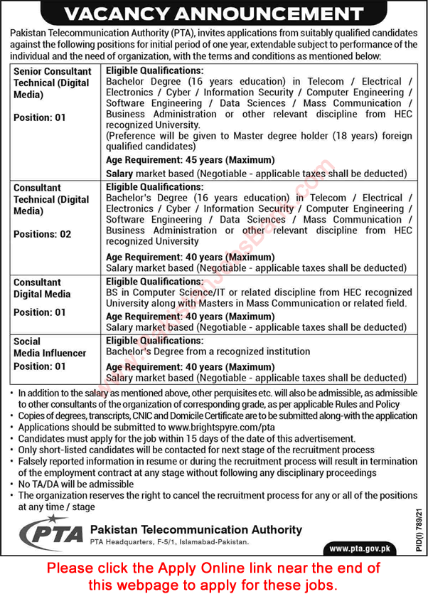 PTA Jobs August 2021 Apply Online Pakistan Telecommunication Authority Latest