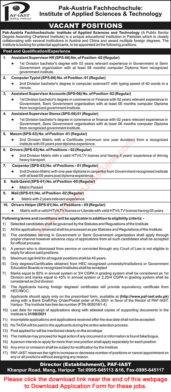 PAF IAST Haripur Jobs August 2021 Application Form Pak-Austria Fachhochschule Institute of Applied Sciences and Technology Latest