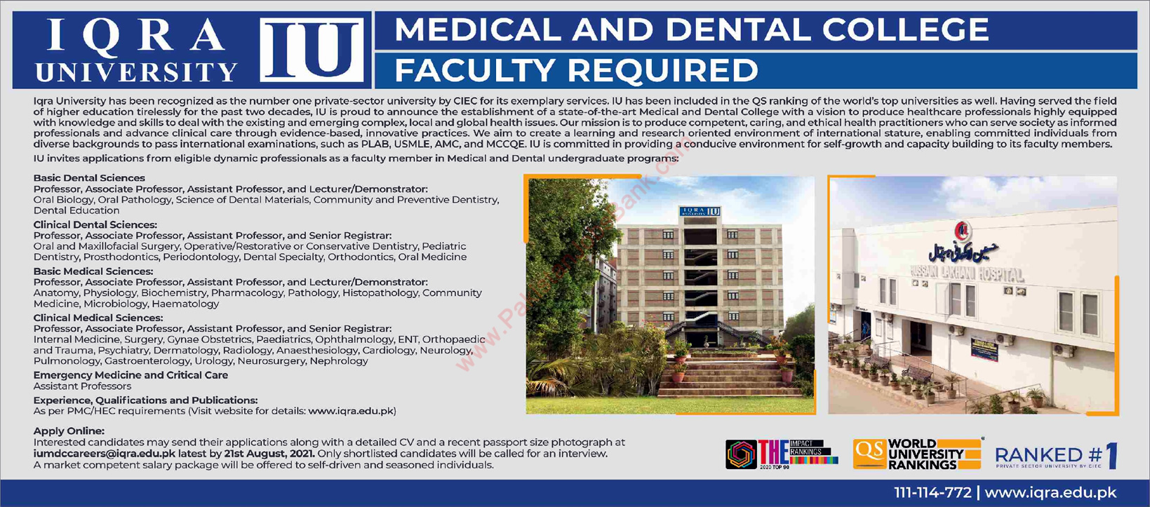 Teaching Faculty Jobs in Iqra University Medical and Dental College August 2021 Latest