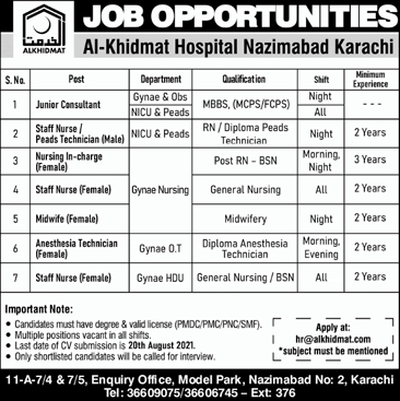 Al Khidmat Hospital Karachi Jobs 2021 August Staff Nurses & Others Latest