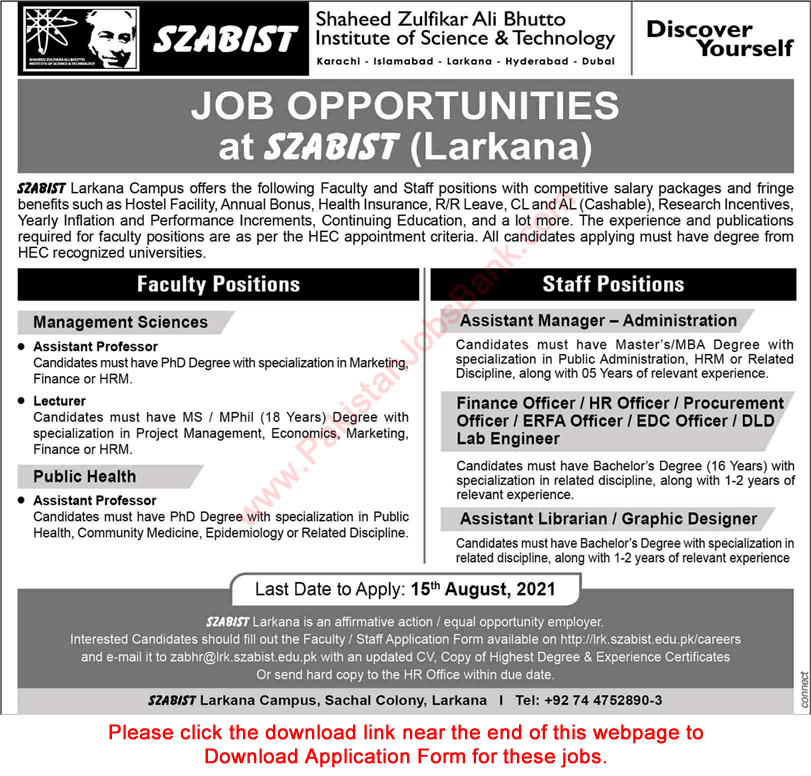 SZABIST Larkana Jobs August 2021 Application Form Teaching Faculty & Others Latest