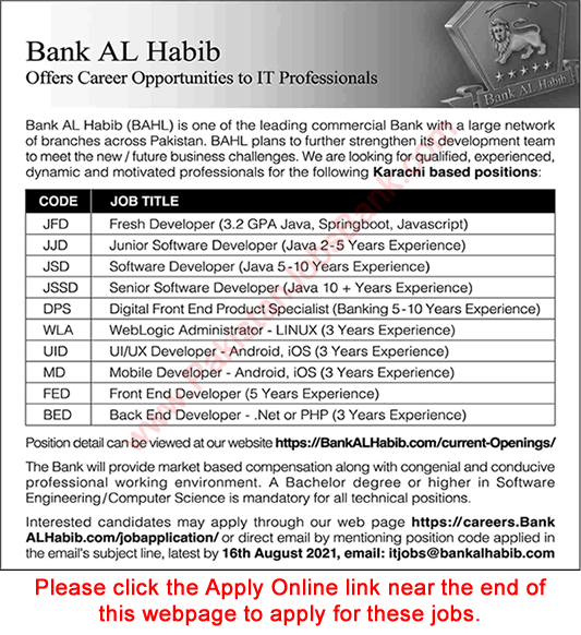 Bank Al Habib Karachi Jobs 2021 August Apply Online Software Developers & Others Latest