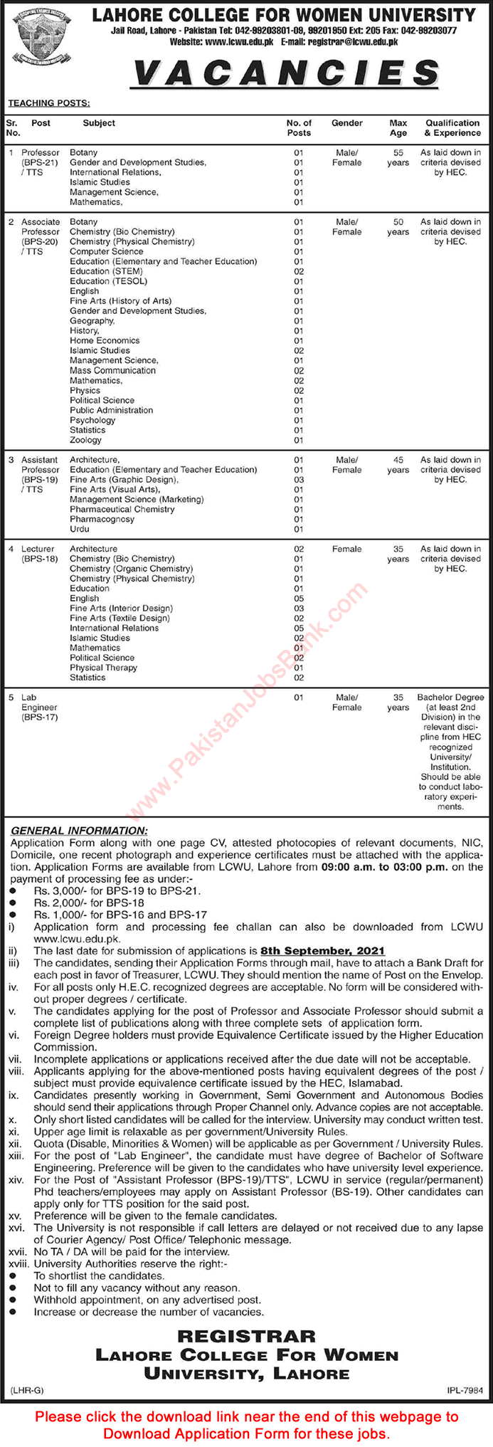 Lahore College for Women University Jobs August 2021 LCWU Application Form Teaching Faculty & Lab Engineer Latest