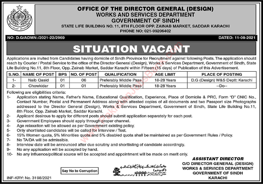 Works and Services Department Sindh Karachi Jobs 2021 August Naib Qasid & Chowkidar Latest