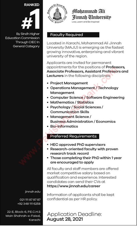 Teaching Faculty Jobs in Muhammad Ali Jinnah University Karachi 2021 August MAJU Latest