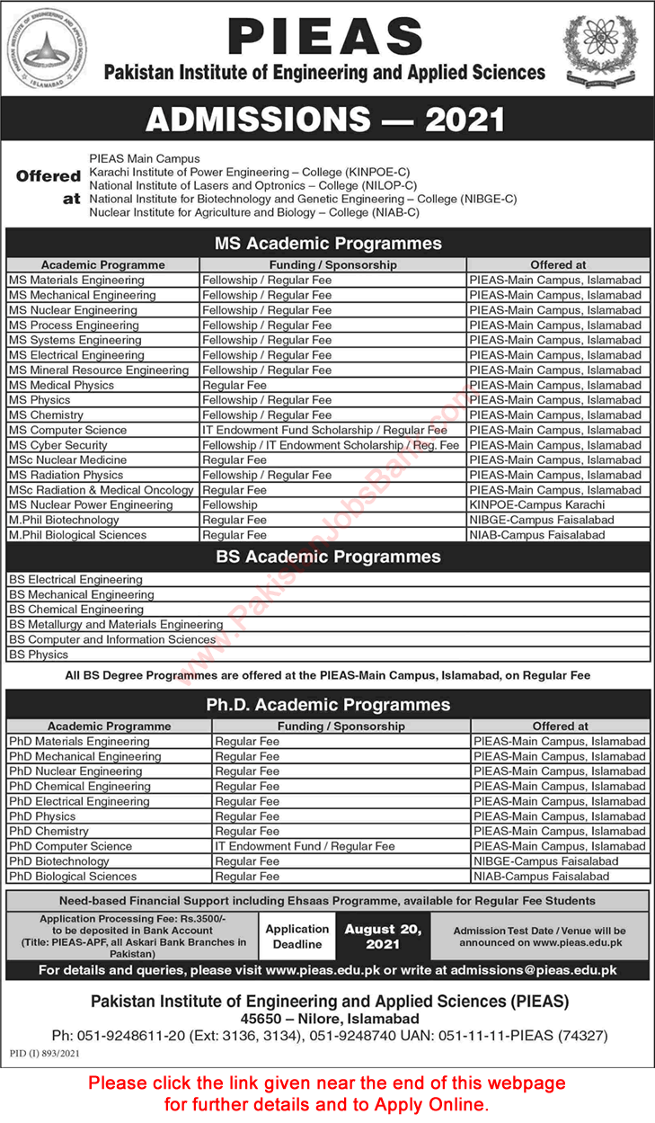 PIEAS Fellowships August 2021 Apply Online MS Programs for Engineers & Scientists PAEC KINPOE Latest