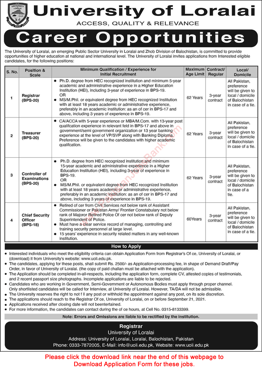 University of Loralai Jobs 2021 August Application Form Registrar, Treasurer & Others Latest