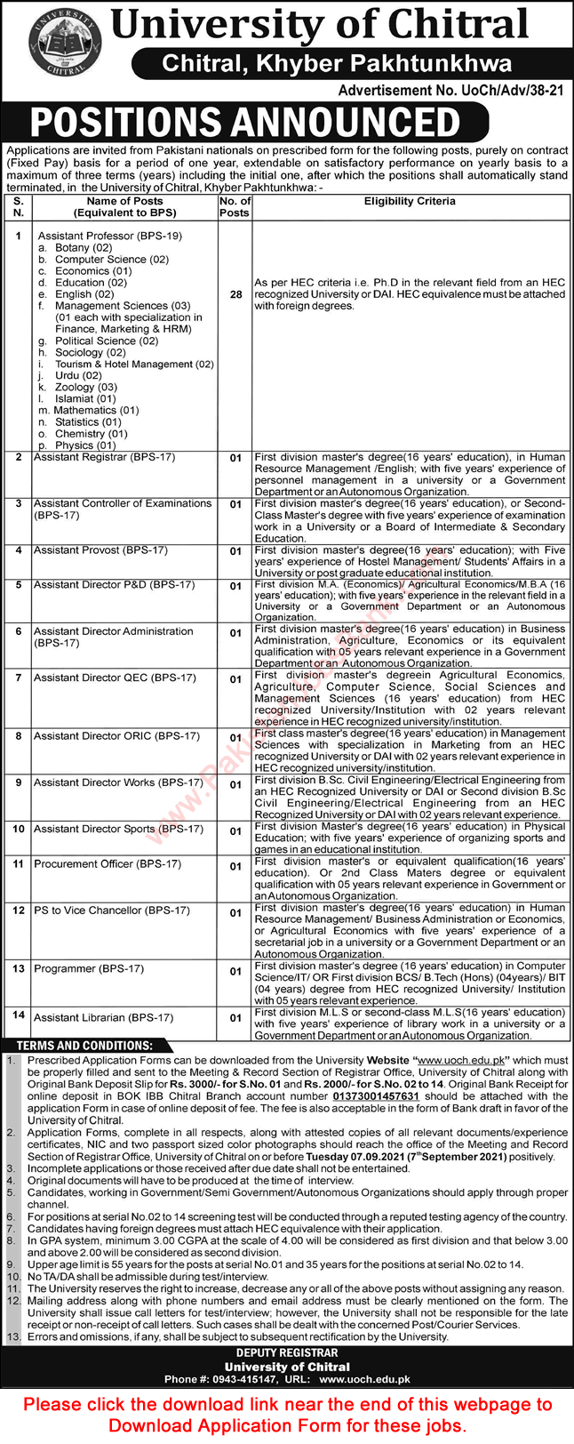 University of Chitral Jobs 2021 August Application Form Assistant Professors & Others Latest