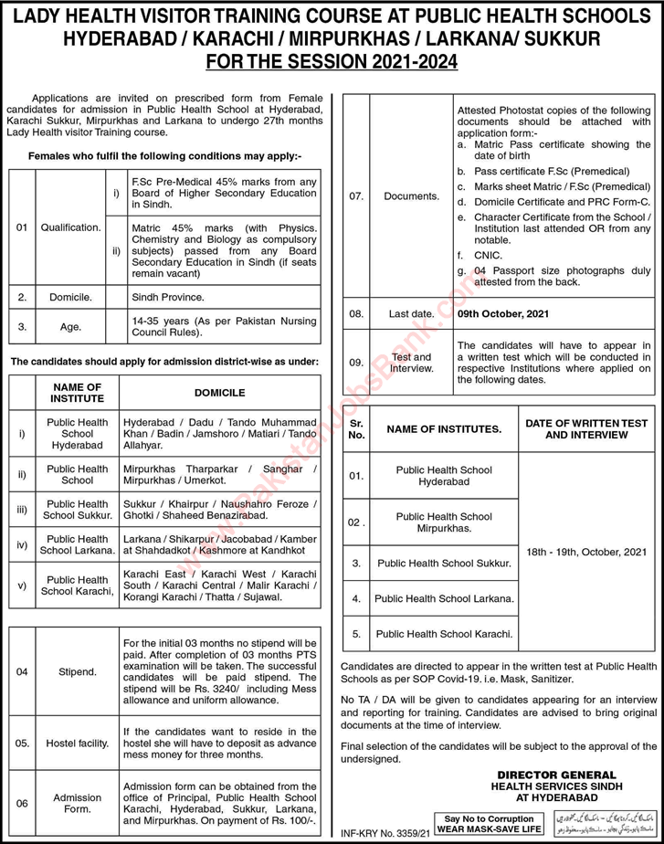 Lady Health Visitor Free Courses in Sindh 2021 August at Public Health Schools Latest