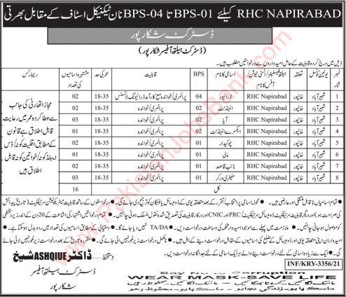 Health Department Shikarpur Jobs August 2021 September Aya, Sanitary Workers & Others Latest