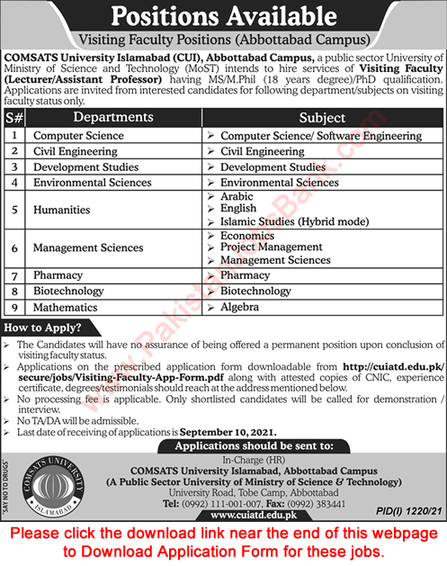 Teaching / Visiting Faculty Jobs in COMSATS University August 2021 September CUI Abbottabad Campus Apply Online Latest