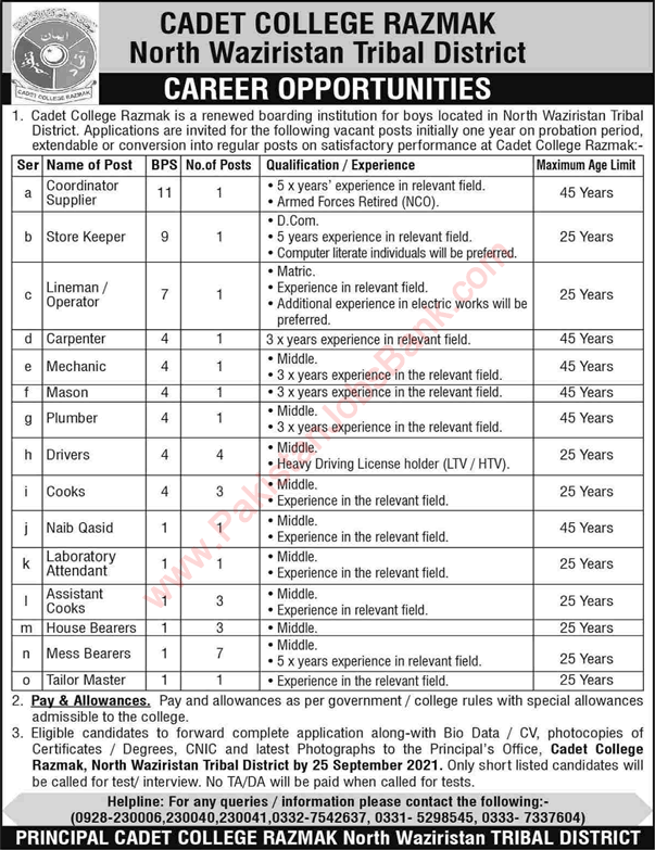 Cadet College Razmak Jobs 2021 September Tribal District Bearers, Drivers & Others Latest