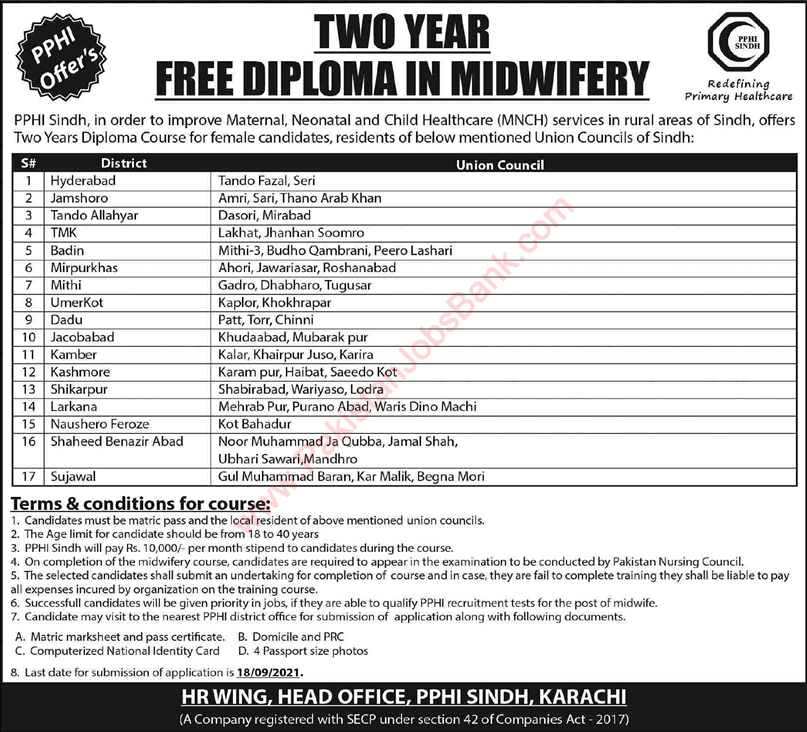 PPHI Sindh Free Midwifery Diploma 2021 September MNCH Latest