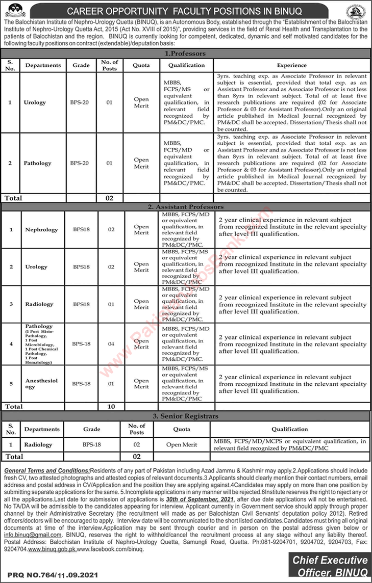 BINUQ Quetta Jobs 2021 September Teaching Faculty Balochistan Institute of Nephro Urology Latest