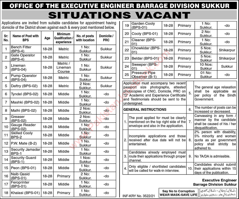 Irrigation Department Sukkur Jobs September 2021 Sweepers, Baildar, Chowkidar & Others Latest