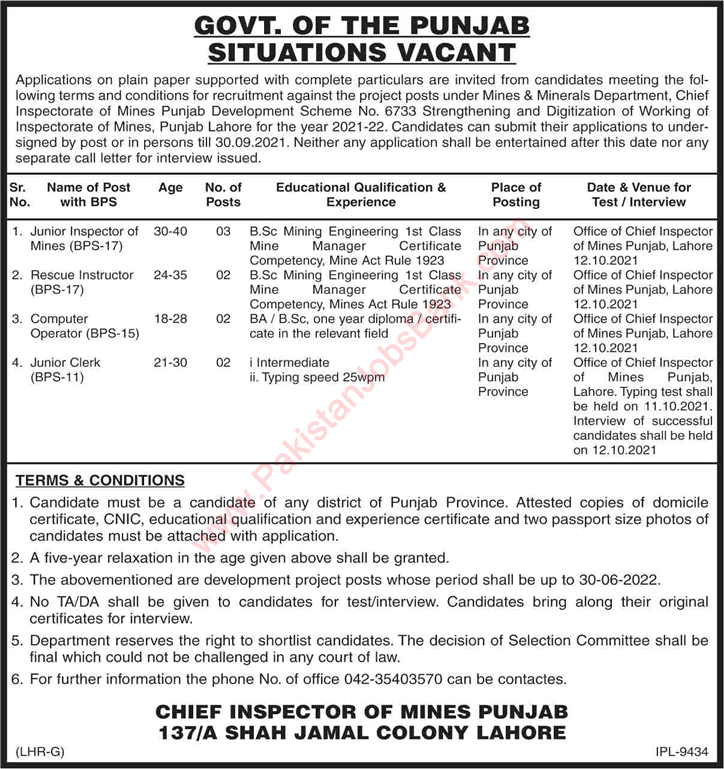 Mines and Minerals Department Punjab Jobs 2021 September Clerks & Others Latest