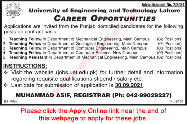UET Lahore Jobs September 2021 Apply Online Teaching Fellows / Assistants Latest