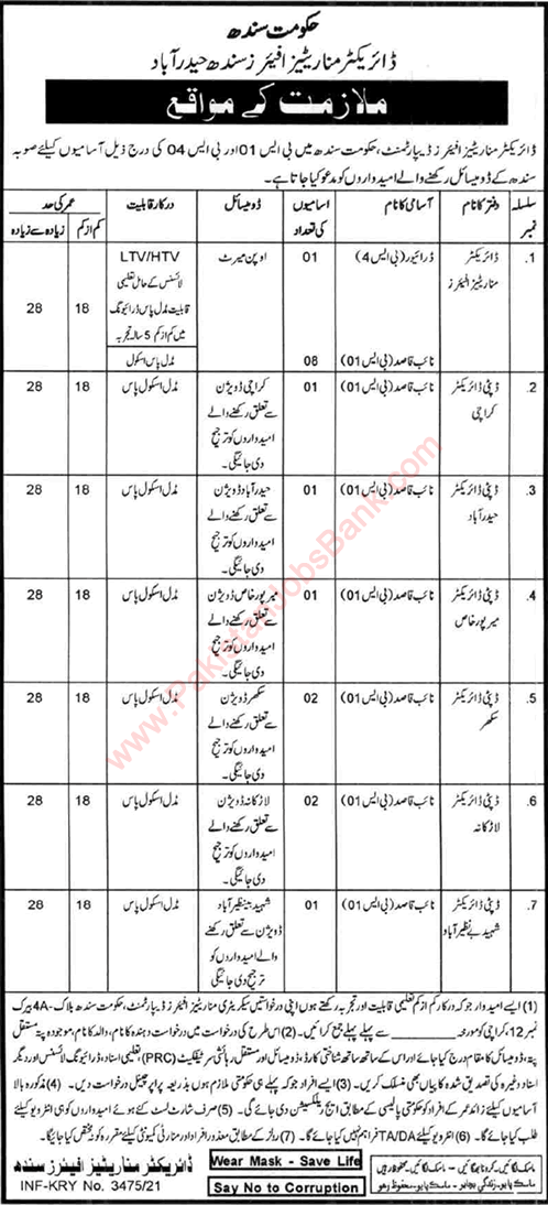 Minorities Affairs Department Sindh Jobs 2021 September Naib Qasid & Driver Latest