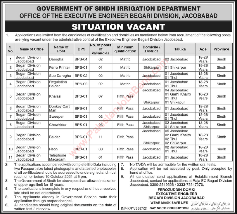 Irrigation Department Jacobabad Jobs 2021 September Begari Division Beldar & Others Latest