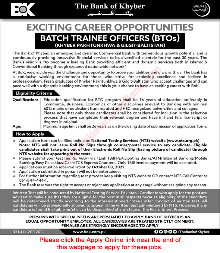 Batch Trainee Officer Jobs in Bank of Khyber September 2021 NTS Online Apply BTOs Latest