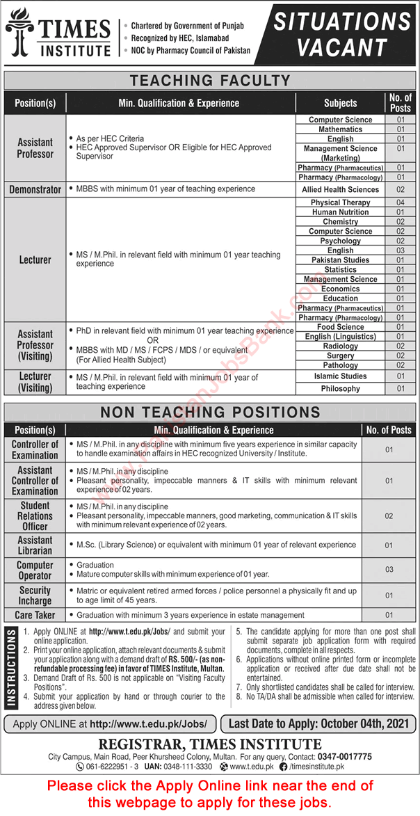 Times Institute Multan Jobs September 2021 Apply Online Teaching Faculty & Others Latest
