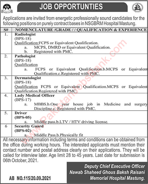 Nawab Shaheed Ghous Bakhsh Raisani Memorial Hospital Mastung Jobs September 2021 NSGBRM Latest