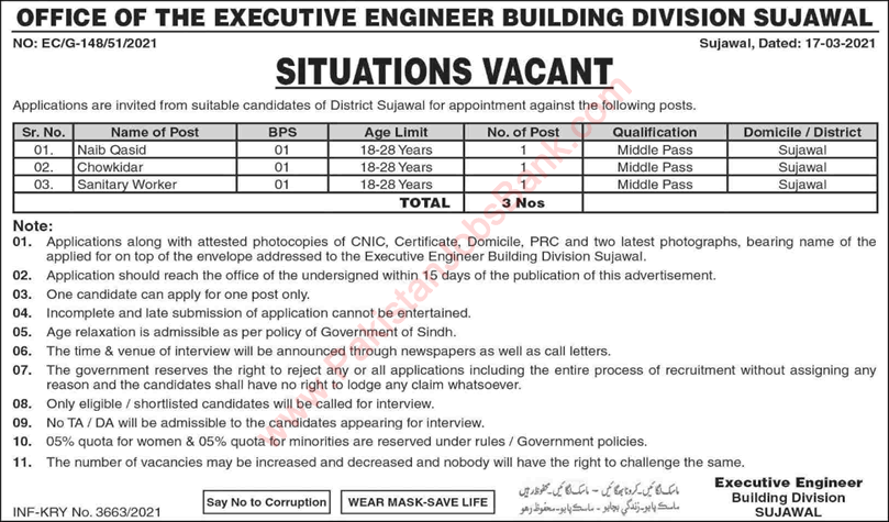 Irrigation Department Sujawal Jobs 2021 September Building Division Naib Qasid, Chowkidar & Sanitary Worker Latest