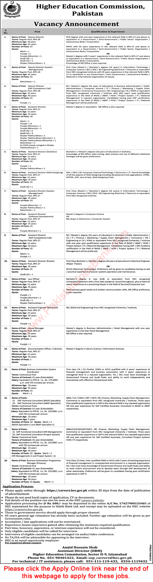 HEC Jobs September 2021 Apply Online Assistant Directors & Others Higher Education Commission Latest