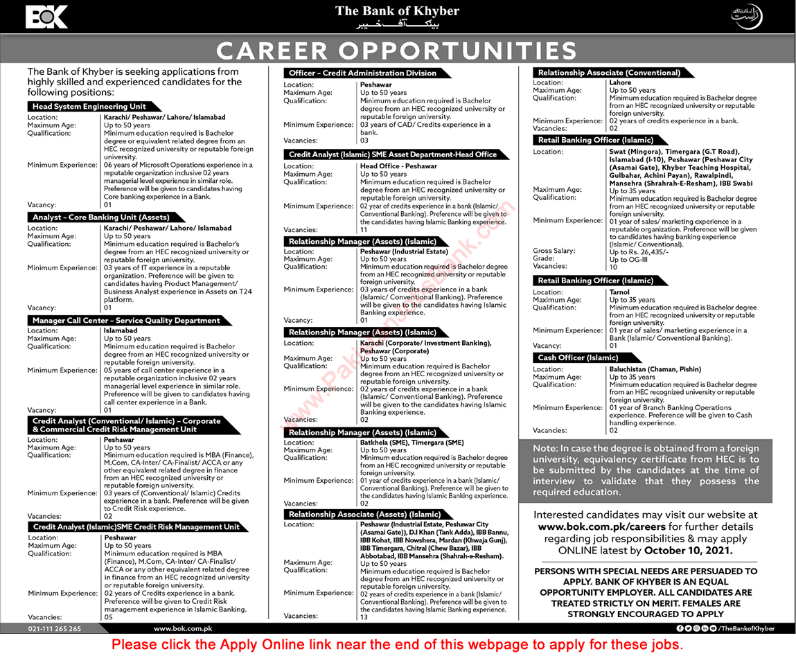 Bank of Khyber Jobs September 2021 BOK Online Apply Relationship Associates, Banking Officers & Others Latest