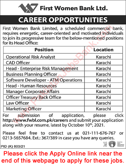 FWBL Karachi Jobs September 2021 Apply Online First Women Bank Limited Latest