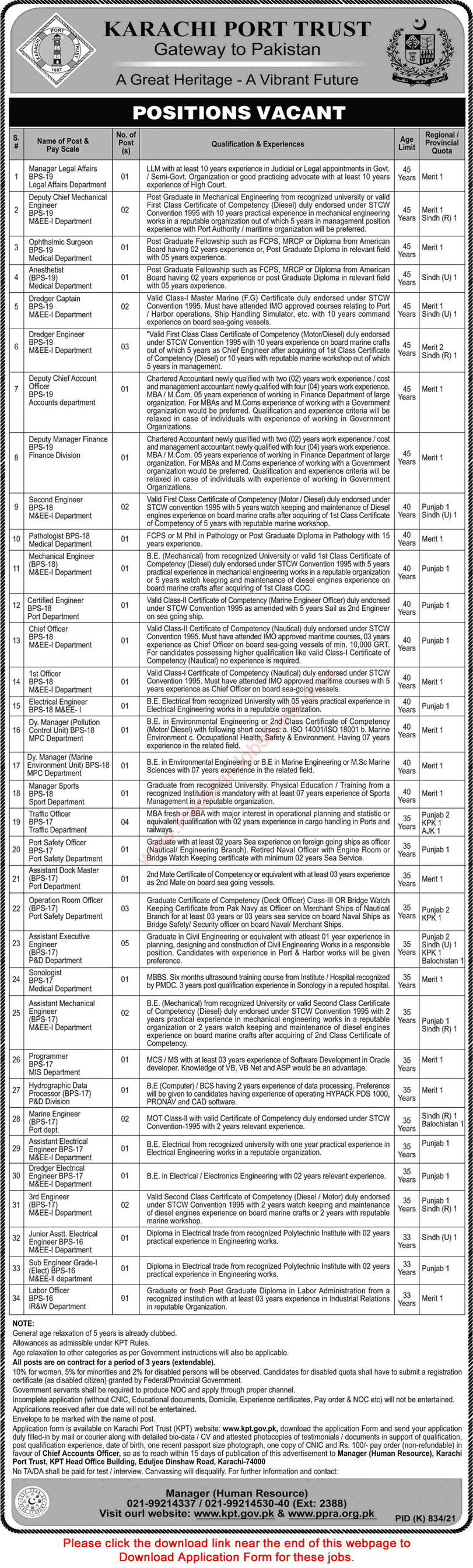 Karachi Port Trust Jobs October 2021 KPT Application Form Assistants, Engineers, Officers & Others Latest