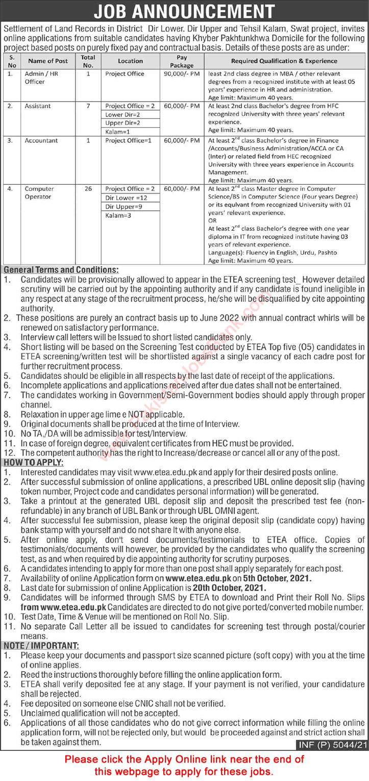 Settlement of Land Records KPK Jobs 2021 October ETEA Apply Online Computer Operators & Others Latest