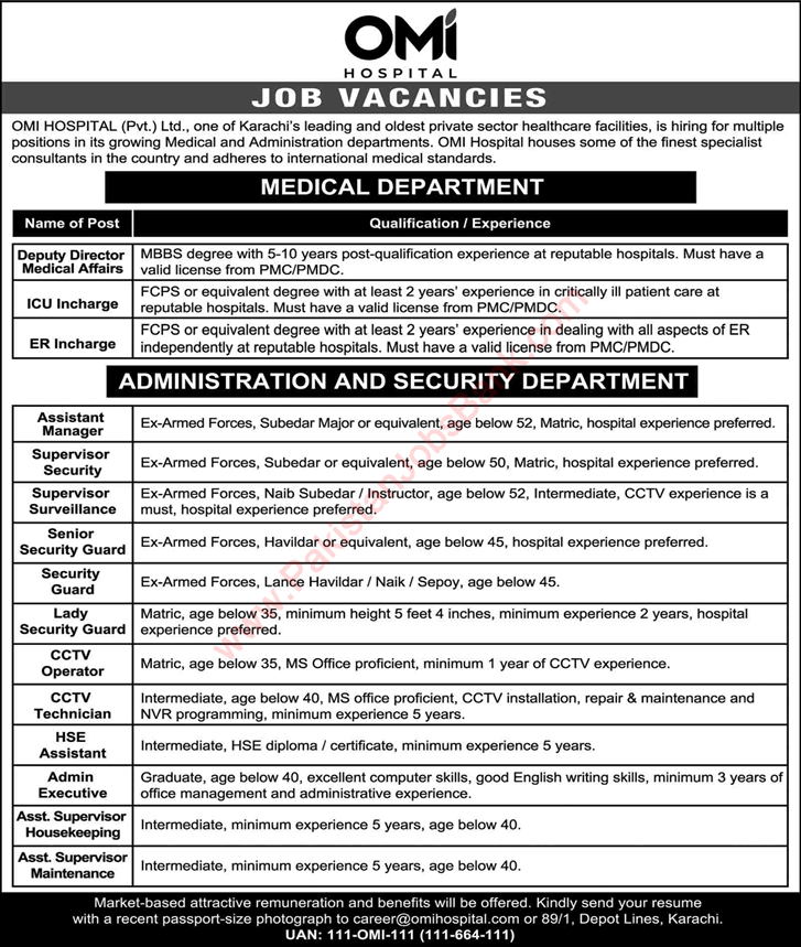 OMI Hospital Karachi Jobs October 2021 Assistant Supervisors & Others Latest
