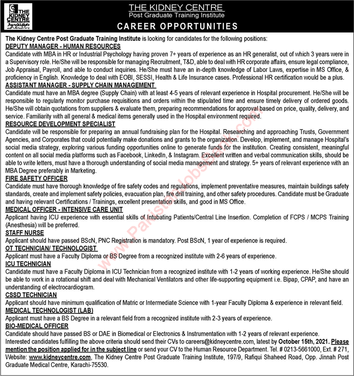 The Kidney Centre Karachi Jobs October 2021 Post graduate Training Institute Latest