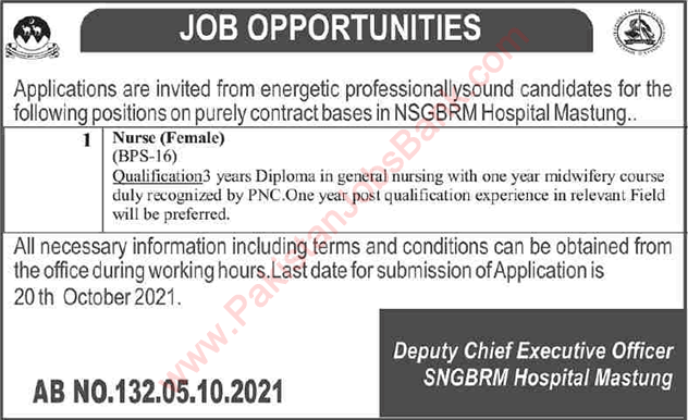 Nurse Jobs in Nawab Shaheed Ghous Bakhsh Raisani Memorial Hospital Mastung October 2021 NSGBRM Latest