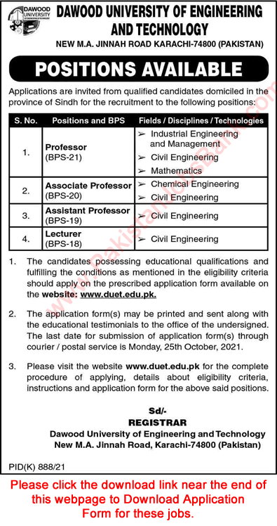Teaching Faculty Jobs in Dawood University of Engineering and Technology Karachi 2021 October DUET Application Form Latest