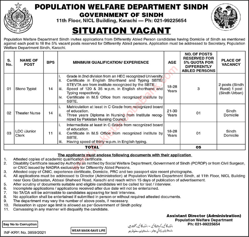 Population Welfare Department Sindh Jobs October 2021 Stenographers & Others Latest