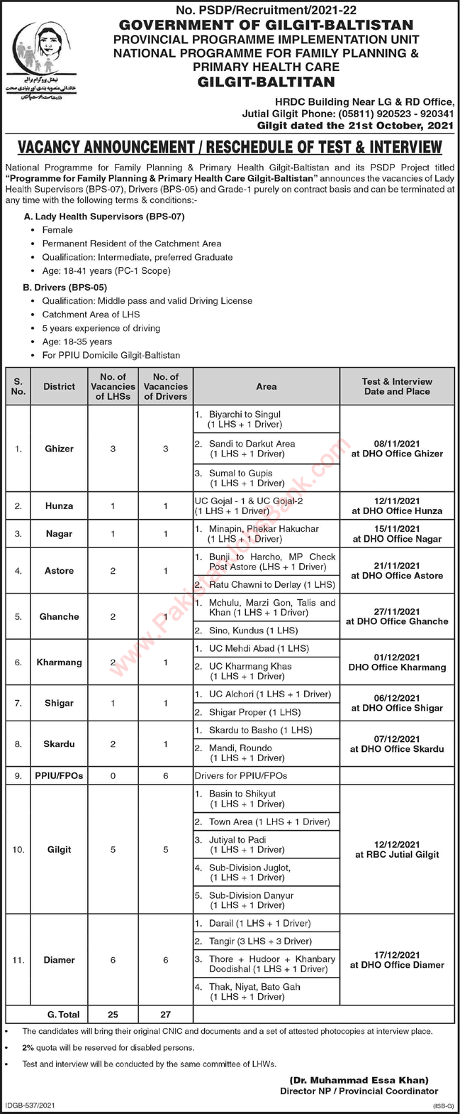 National Programme for Family Planning and Primary Health Care Gilgit Baltistan Jobs 2021 October Drivers & Health Supervisors Latest