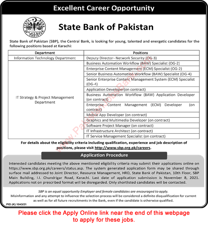 State Bank of Pakistan Karachi Jobs October 2021 Online Apply App Developer, IT Specialists & Others Latest